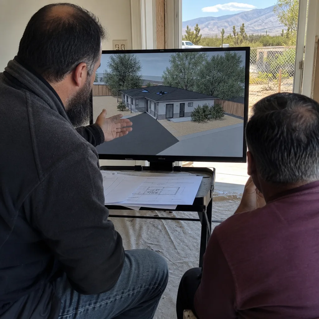 Architect presenting ADU design plans and 3D renderings to a client
