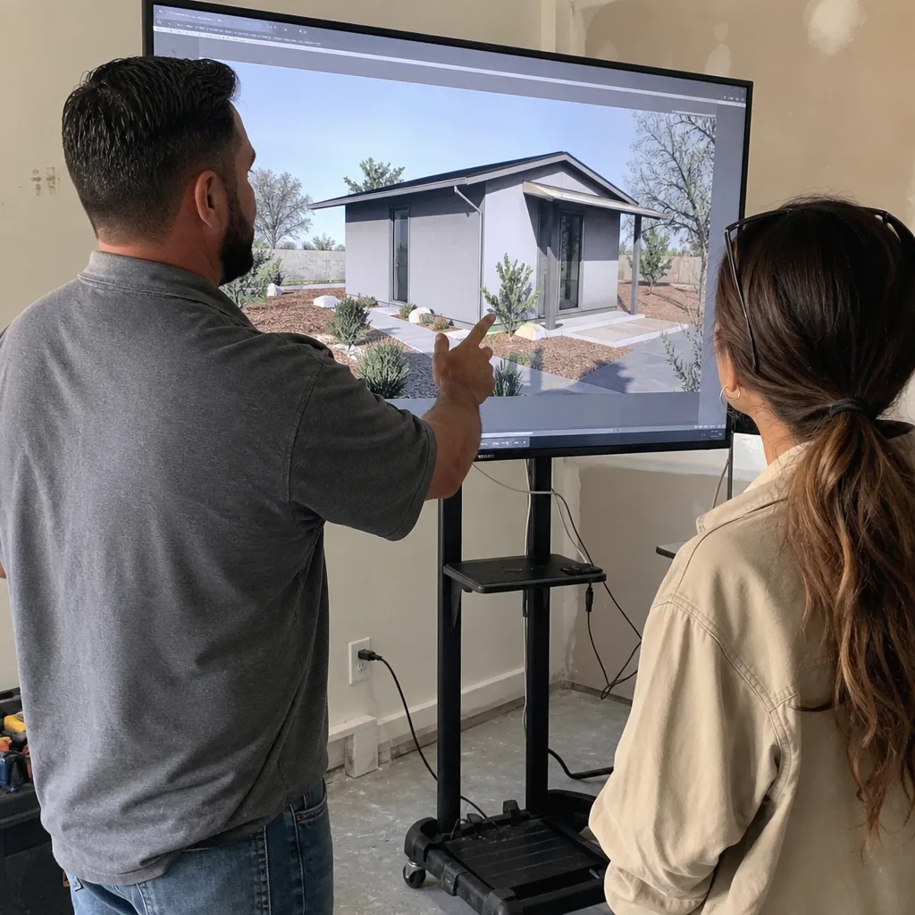 professional team discussing architectural ADU design plans on a large display
