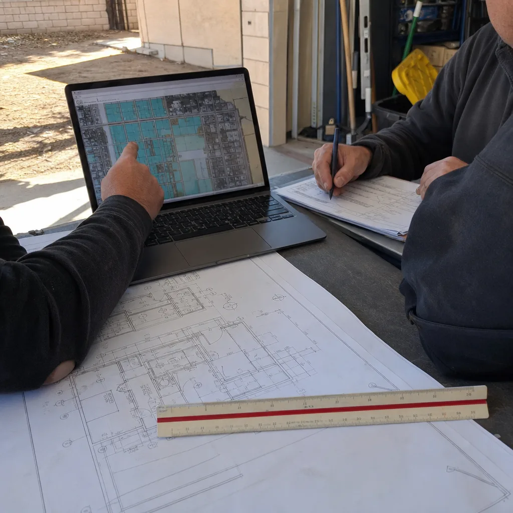 Two professionals reviewing ADU blueprints and digital site planning