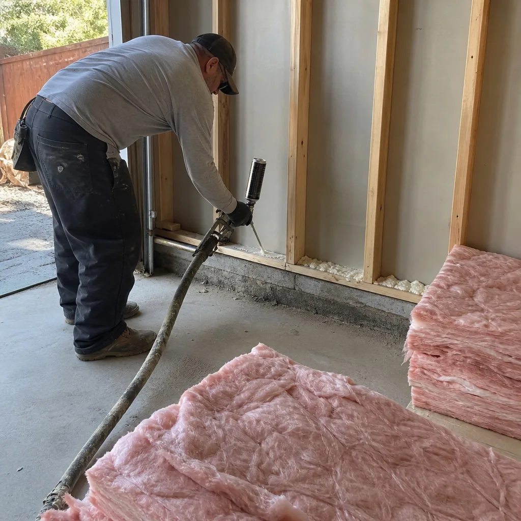 Contractor applying spray foam sealant to a garage conversion ADU wall