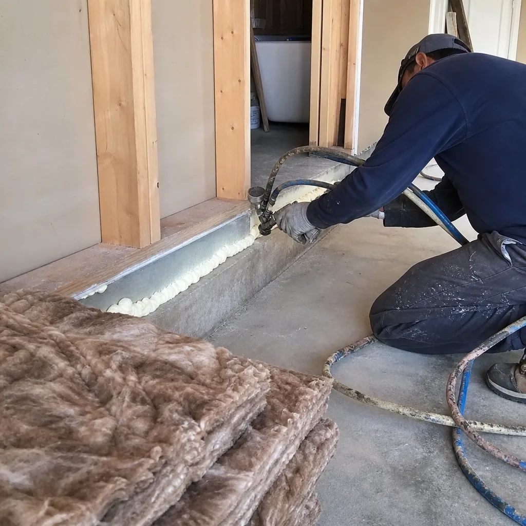 Contractor applying spray foam insulation for garage conversion ADU project