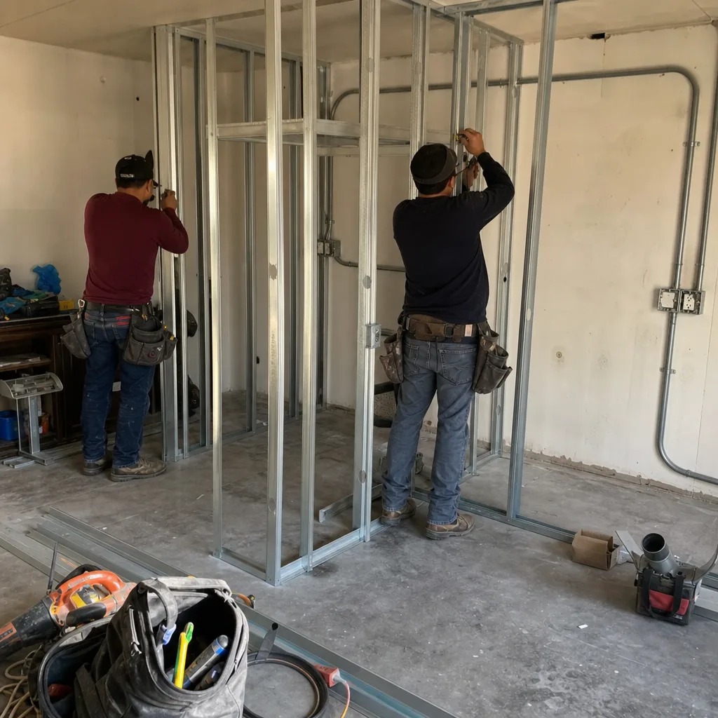 Two contractors assembling metal stud framing for a garage ADU conversion.